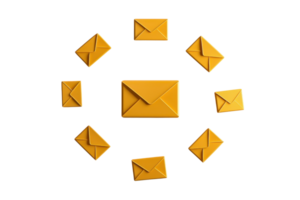 A circular arrangement of yellow envelopes, varying in size, creates a visually appealing composition. png