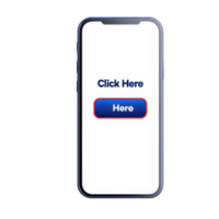 A smartphone displaying a prominent button labeled Click Here in blue and red on a white screen. png