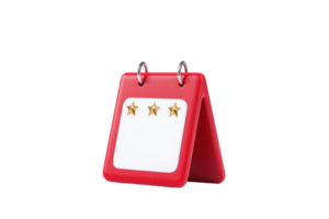 A small red calendar featuring three golden stars, designed for easy display and note-taking. png