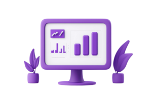 A purple computer monitor displays various graphs and charts, accompanied by decorative plants in pots. png