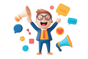 uma alegre personagem dentro uma terno detém megafones e colorida discurso bolhas, expressando excitação e comunicação. png