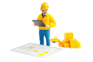 A construction worker in a yellow helmet and jacket examines plans while standing next to stacks of yellow building materials and a toy vehicle. png