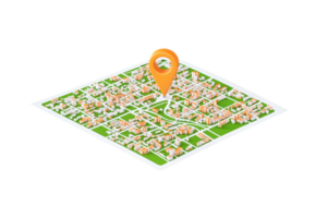 A colorful map featuring streets, houses, and a prominent location marker indicating a specific point of interest. png