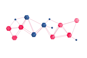 A network of interconnected hexagonal nodes, featuring a mix of blue and red colors, symbolizing complexity and connectivity. png