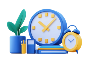 A colorful arrangement featuring a clock, an alarm clock, a plant, and stationery items, emphasizing time management and productivity. png