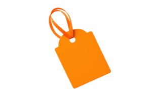 A vibrant orange tag with a round hole and a hanging loop, suitable for labeling items. png