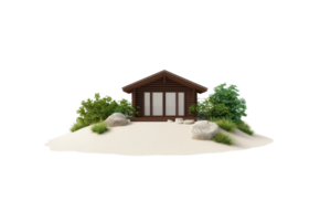 A wooden cabin surrounded by greenery and rocks on a sandy surface. png
