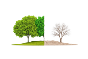 A vivid contrast between a lush green tree and a barren, leafless tree, symbolizing life and decay. png