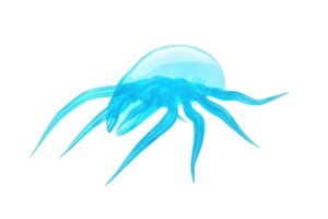 uma brilhando azul medusa com longo, fluindo tentáculos, exibindo Está etéreo Formato e bioluminescente características. png