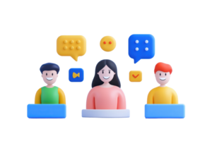 Three stylized characters engage in a virtual conversation, surrounded by colorful chat bubbles and icons representing communication. png