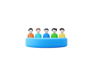 Five colorful figures seated on a blue platform, representing a diverse group. png