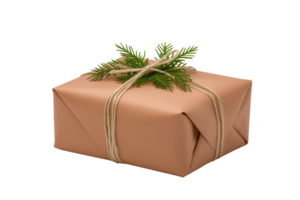 A neatly wrapped gift box adorned with twine and a sprig of evergreen. png