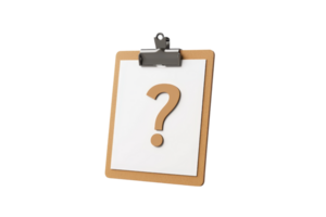 A clipboard displays a large question mark on a sheet of paper, symbolizing inquiry or uncertainty. png