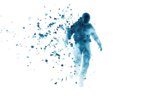 A figure appears to be breaking apart, made of blue particles, depicting an ethereal or fragmented human form. png