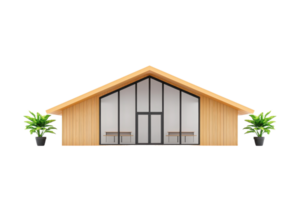 A modern wooden house with large windows and two potted plants on either side. png