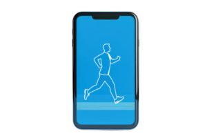 A smartphone displaying a running figure in a blue background, symbolizing fitness tracking and physical activity. png