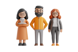 Three stylized figures in casual attire, each with distinctive hairstyles and glasses, representing a diverse group of people. png