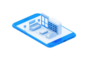 A smartphone displays a 3D representation of a living room scene, featuring furniture like sofas, a bookshelf, and decorative elements. png