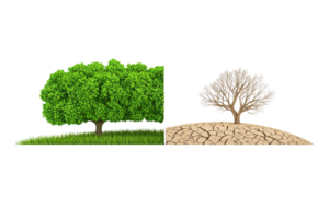 A vibrant green tree contrasts with a dry, leafless tree, symbolizing the impact of environmental changes. png