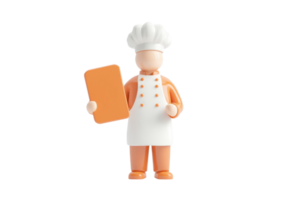 A cheerful chef figure holding a rectangular orange menu or order card. png