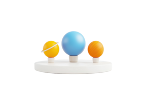 A miniature model of three colorful planets arranged on a circular base, showcasing different sizes and distinct colors. png