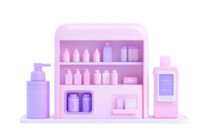A colorful display of various skincare and beauty products arranged neatly on a modern shelf. png