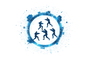 A circular digital design featuring multiple figures in motion, created with blue lines and geometric patterns. png