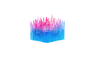 A colorful visual representation of sound waves with peaks and valleys, showcasing a vibrant gradient in pink and blue tones. png