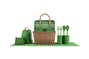 A green picnic set featuring a wicker basket, checkered cloth, and utensils arranged neatly for outdoor dining. png