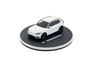 A sleek white SUV model displayed on a circular platform, showcasing its modern design and features. png