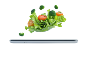 A vibrant salad with lettuce, tomatoes, and broccoli appears to hover above a sleek smartphone, showcasing a blend of technology and freshness. png