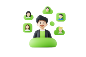 A cheerful character interacts with multiple chat bubbles showing diverse faces, symbolizing communication and connection. png