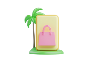 A colorful, playful design featuring a shopping bag icon next to a palm tree on a vibrant base. png