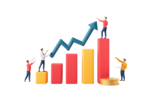 The image features colorful bar graphs with miniature figures interacting and pointing upwards, symbolizing growth and progress. png