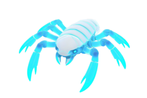 A stylized, glowing blue crab with prominent claws and segmented body, showcasing a unique and vibrant design. png