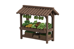A wooden market stall displaying a variety of fresh fruits and vegetables in baskets. png