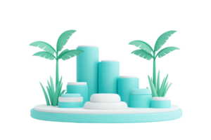 A modern, stylized scene featuring cylindrical structures in shades of turquoise, complemented by green palm leaves and lush grass elements. png