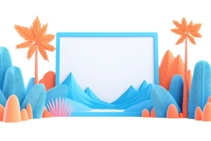 A colorful, stylized landscape featuring abstract mountains, cacti, and palm trees with a blank frame at the center. png
