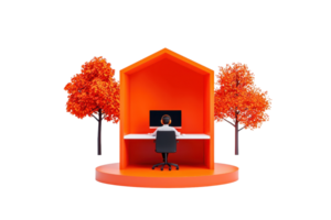 A vibrant orange workspace featuring a desk, chair, and a computer, framed by two stylized orange trees. png