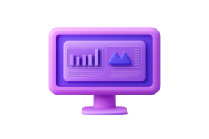 A purple computer monitor displaying data visuals, including a bar graph and line graph, showcasing analytics and information. png