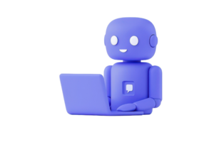 A stylized blue robot sits at a laptop, smiling with bright eyes, embodying a friendly and approachable design. png