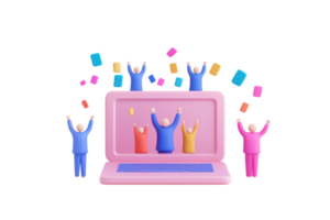 A colorful laptop with animated figures celebrating and tossing objects in the air, symbolizing digital interaction and joy. png