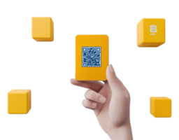 A yellow cube with a QR code is held in a hand, surrounded by similar cubes, emphasizing connectivity and technology. png