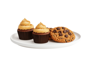 A plate featuring two cupcakes topped with swirls of frosting and a chocolate chip cookie. png