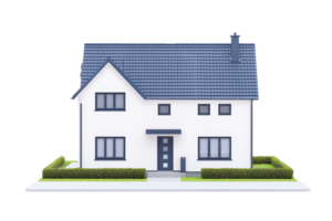 A modern two-story house with a gabled roof, white walls, and blue accents surrounded by neatly trimmed hedges. png