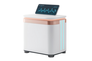 A sleek, modern medical device with a display showing vital signs, designed for health monitoring and diagnostics. png