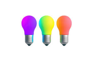 Three colorful light bulbs in shades of purple, yellow, and orange, showcasing vibrant hues and modern design. png