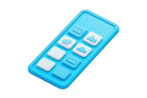 A vibrant blue remote control with various buttons arranged in a grid layout. png