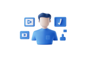 A stylized figure of a person surrounded by various digital icons representing and interaction. png