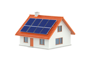 A small house featuring a red-tiled roof and solar panels installed on top. png